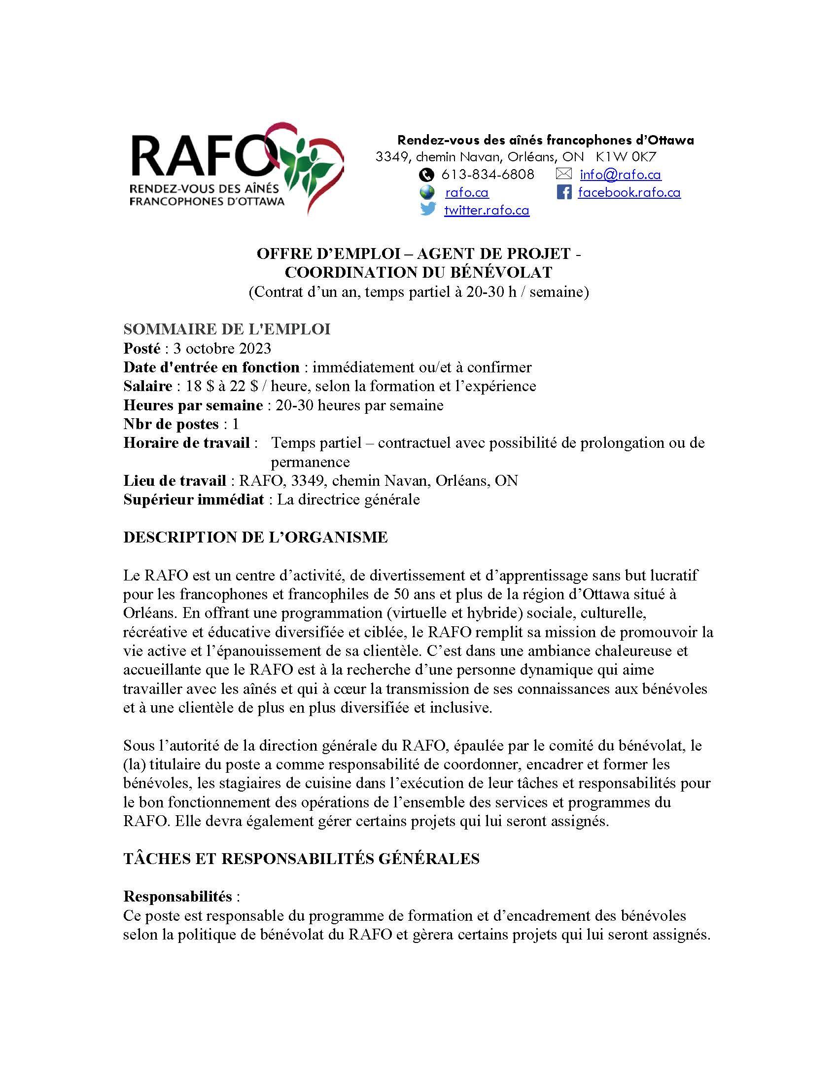 OFFRE D’EMPLOI – AGENT DE PROJET -  COORDINATION DU BÉNÉVOLAT  